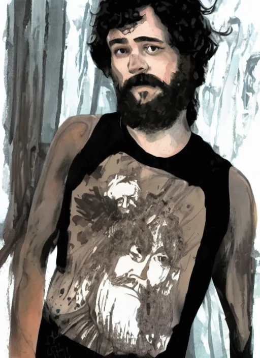 Image similar to illustration of young tim robbins with dark brown hair and a big bushy beard, wearing a white tank top