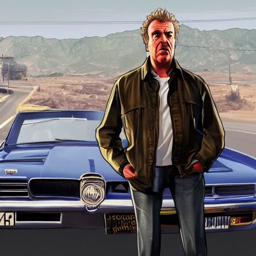 Image similar to Jeremy Clarkson in GTA V, cover art by Stephen Bliss, artstation, no text