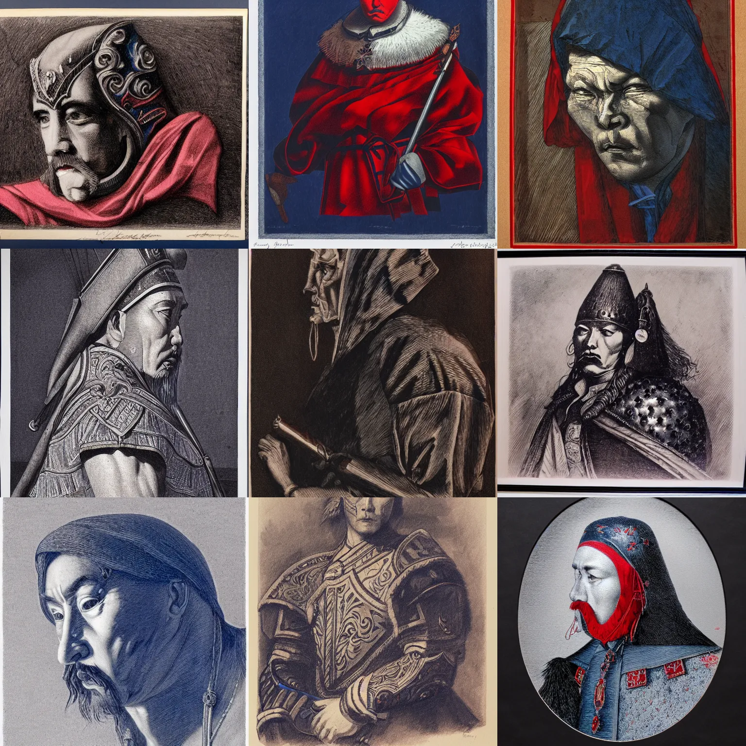 Prompt: kazakh realist engraving of hussar, prussian blue, venetian red, and titanium white, chiaroscuro, stark lighting, high contrat, dynamic linework, crosshatching