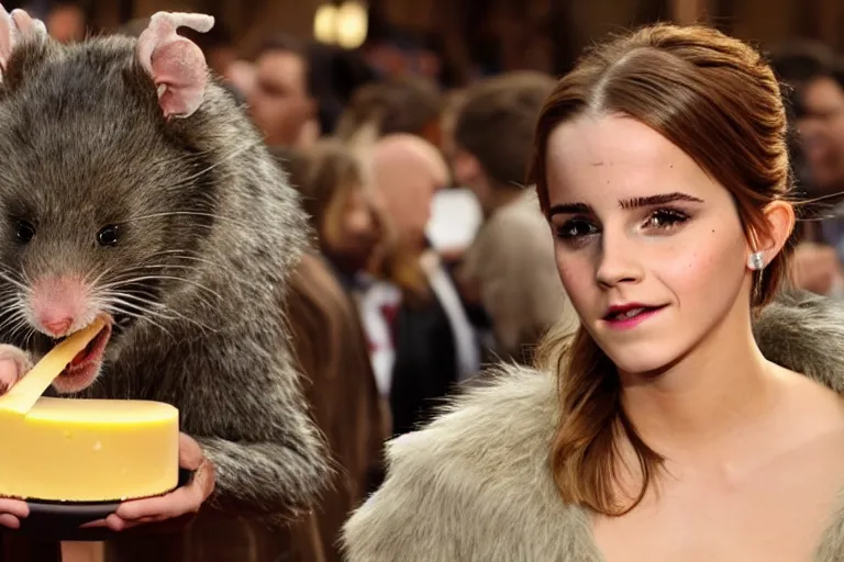 Image similar to photo, emma watson as furry antropomorphic rat, eats cheese, highly detailed, intricate details