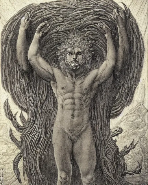 Image similar to a creature with the body and eyes of a man, with the beak of an eagle, the mane of a lion, and the horns of an ox by jean delville