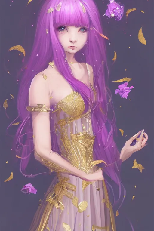 Prompt: beautiful princess in gold and pink dress, purple hair,, in her hands a black flower, soft lights ,symmetrical portrait, high quality, cinematic by WLOP and Rossdraws, character concept art. Epic composition, hyperrealism, award winning artwork,realistic hair, trending on artstation, high quality printing, fine art with subtle redshift rendering