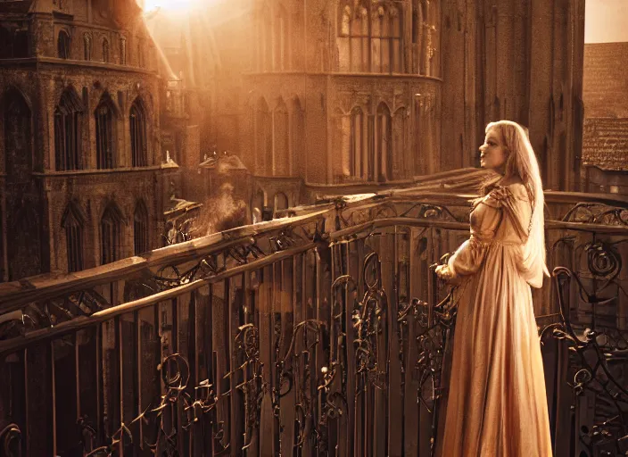 Prompt: a beautiful queen stands on a balcony overlooking a fantasy medieval gothic city, beautiful dramatic golden light and glow rays, 3 5 mm photography