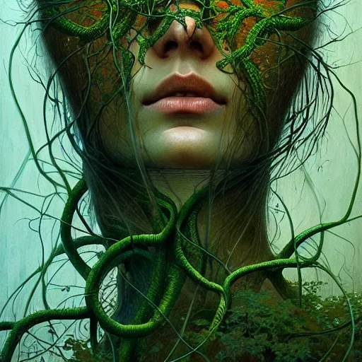 Prompt: a portrait of a girl covered in overgrown vines, face, intricate, digital painting, artstation, intricate, concept art, smooth, sharp focus, illustration, art by Zdzislaw Beksinski