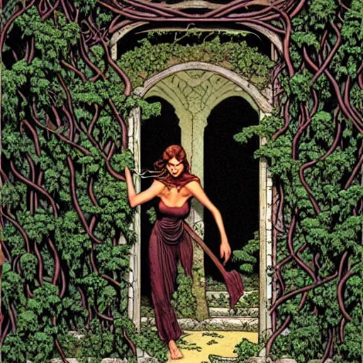 Image similar to Fantasy illustration by Clyde Caldwell Black, thorned ivy covers the walls for thirty feet east of the temple’s doorway. The vines snarl and twist, grasping at the air, as if searching for prey.