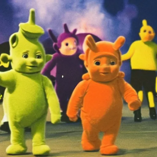 Prompt: teletubbies being arrested for arson at bowling alley