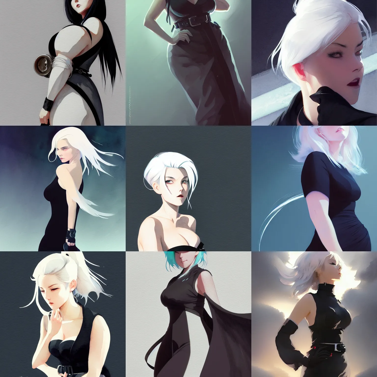 Prompt: curvy female with white hair, black dress with belt, solid background color, digital art, illustration, smooth color, cinematic moody lighting, medium close up, vibrant watercolor, wenjun lin, studio ghibli, pixiv, artgerm, greg rutkowski, ilya kuvshinov