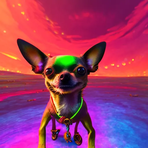 Image similar to a psychedelic chihuahua living in an extradimensional reality, in the style of wlop, illustration, epic, fantasy, hyper detailed, smooth, unreal engine, sharp focus, ray tracing, physically based rendering, renderman, beautiful