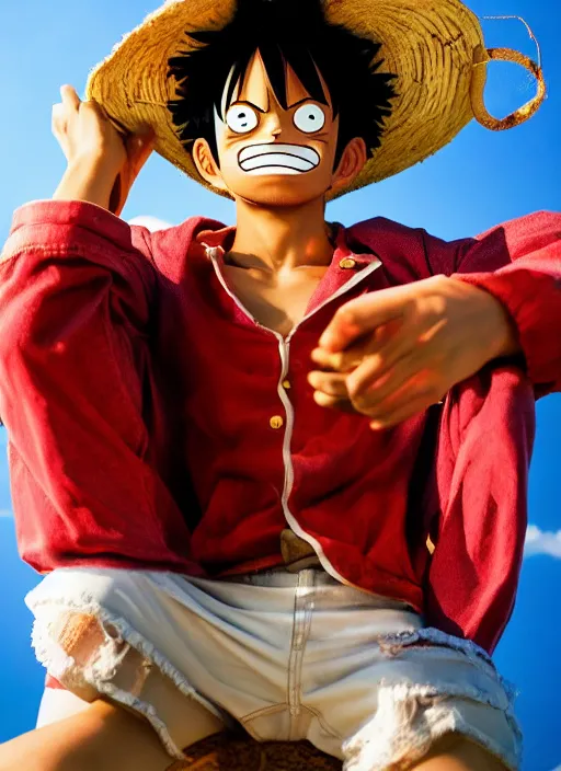 Image similar to A full portrait photo of real-life luffy one piece, f/22, 35mm, 2700K, lighting, perfect faces, award winning photography.