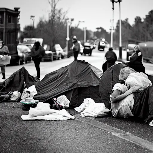 Image similar to photograph by a photojournalist representing the homeless crisis in america in 2 0 2 2