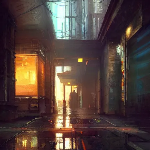 Image similar to doorway, empty sidewalk of a cyberpunk megacity, dramatic lighting, detailed background, gorgeous view, realistic, high detail, depth of field, lightrays, atmospheric, digital art, painted by greg rutkowski, painted by jeremy mann, trending on artstation