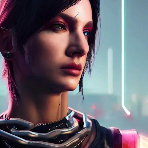 Image similar to female V from Cyberpunk 2077 wearing spiked black collar around neck, realistic, art, beautiful, 4K, HD, collar, choker, collar, choker, punk, artstation, wallpaper,