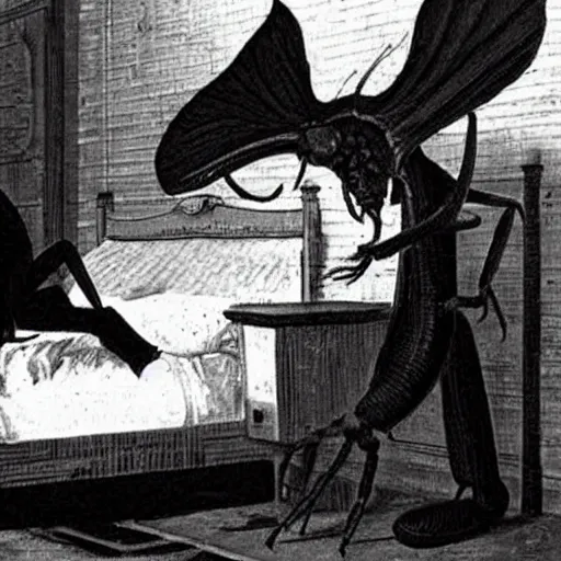 Image similar to as gregor samsa awoke one morning from uneasy dreams he found himself transformed in his bed into a gigantic insect.