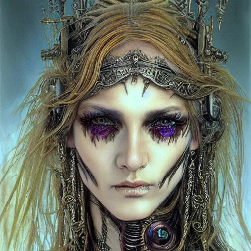 Prompt: an award finning closeup facial portrait by luis royo and john howe of a bohemian female cyberpunk traveller clothed in excessively fashionable 8 0 s haute couture fashion and wearing ornate art nouveau body paint