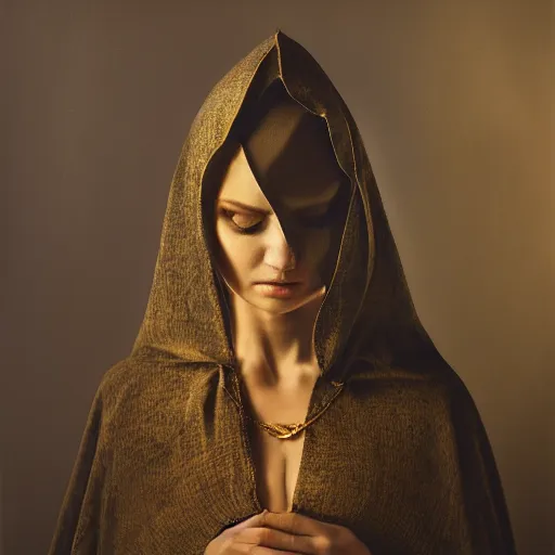 Image similar to a portrait of a young woman wearing a long dark cloak, hood and shadows covering face, holding golden chains, oil painting, matte painting, black background, Volumetric Golden dappled dynamic lighting, Highly Detailed, Cinematic Lighting, Unreal Engine, 8k, HD, by Beksinski