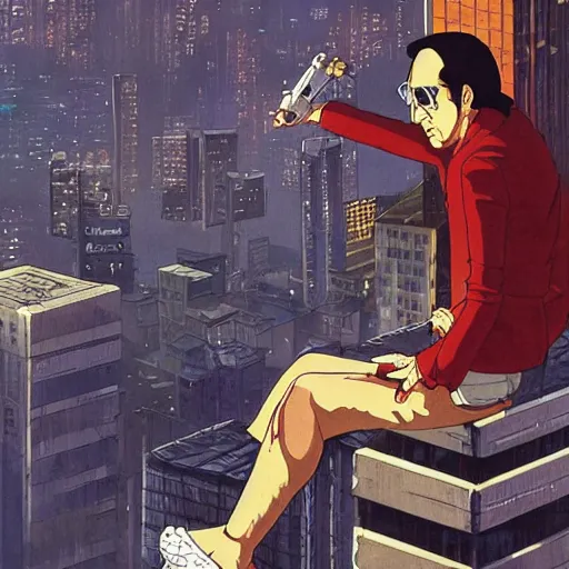 Prompt: Nic Cage sitting high atop the city on the edge of a building, cyberpunk, cel illustration, exquisitely detailed, Monkey Punch, Hayao Miyazaki, Kazuma Kaneko