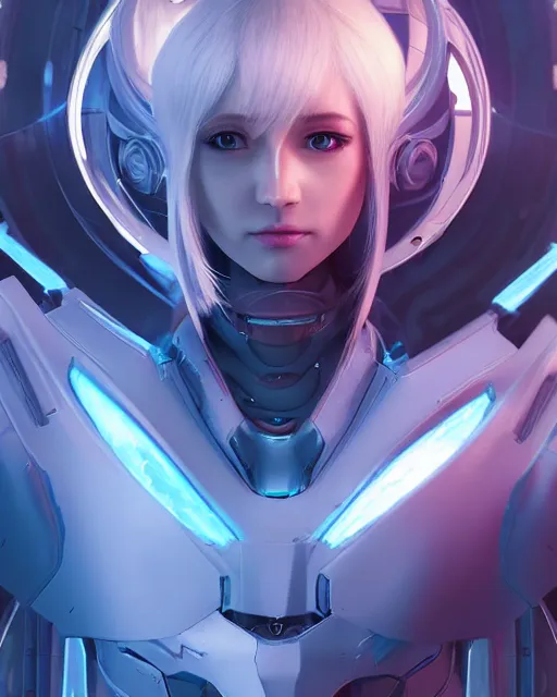 Image similar to perfect android girl on a mothership, warframe armor, beautiful face, scifi, futuristic, galaxy, nebula, raytracing, dreamy, long white hair, blue cyborg eyes, sharp focus, cinematic lighting, highly detailed, artstation, divine, by gauthier leblanc, kazuya takahashi, huifeng huang