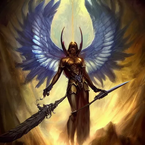 Image similar to a fallen demonic archangel with a broken halo wielding a jagged broken blade in the style of magic the gathering in the style of frank frazetta trending on artstation deviantart pinterest detailed realistic hd 8 k high resolution