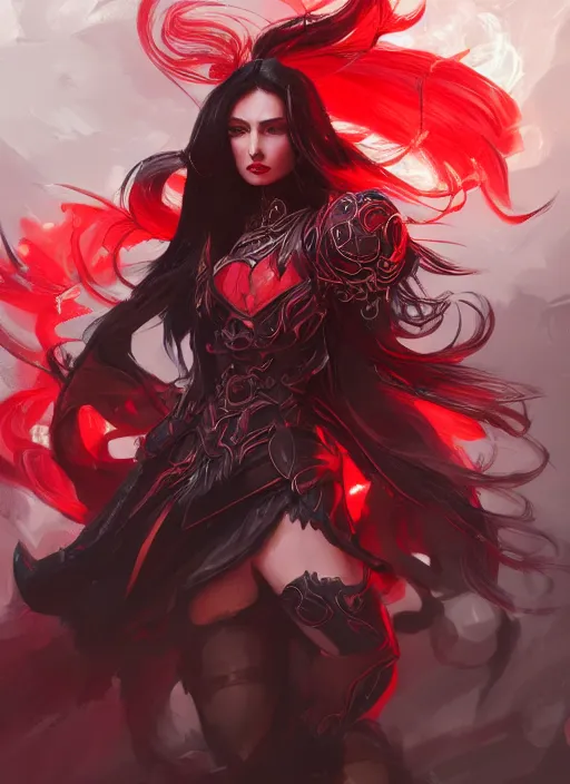 Image similar to a highly detailed illustration of elegant long black haired woman wearing red and black battle dress, heroically posing, with rainbow magic surrounding her, intricate, elegant, highly detailed, centered, digital painting, artstation, concept art, smooth, sharp focus, league of legends concept art, WLOP