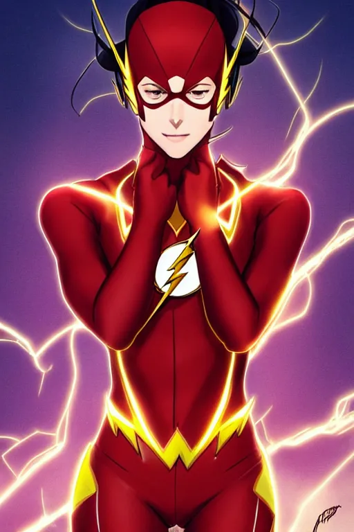 Image similar to anime key visual of a beautiful female the flash!! intricate, red, black, gold suit, powers, speed, lightning hate, dc comics, cinematic, stunning, highly detailed, digital painting, artstation, smooth, hard focus, illustration, art by artgerm and greg rutkowski and alphonse mucha