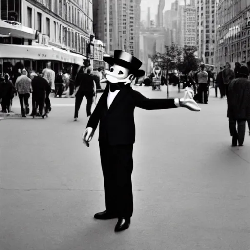 Image similar to mr monopoly 1930s street performer, 35mm film