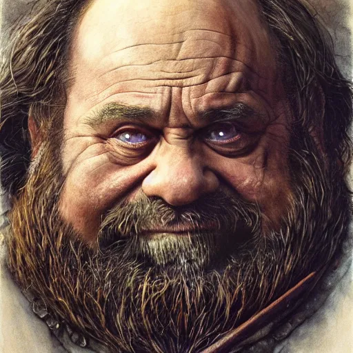 Prompt: danny devito as gimli, by alan lee, lord of the rings calendar, smooth, detailed terrain, oil painting, matte painting, concept art, trending on artstation