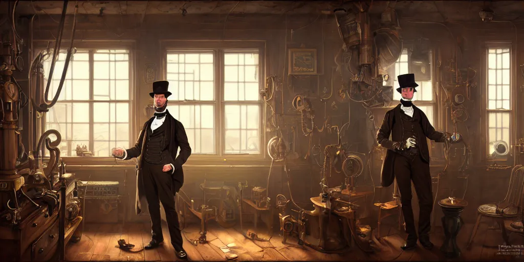 Image similar to highly detailed portrait painting of victorian gentleman, steampunk, welder, room mono window, by eddie mendoza and tyler edlin, 8 k resolution