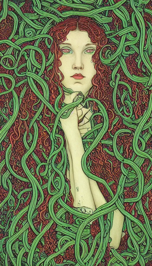 Prompt: very detailed portrait of a 2 0 years old girl surrounded by tentacles, the youg woman visage is blooming from fractal and vines, by ivan bilibin,