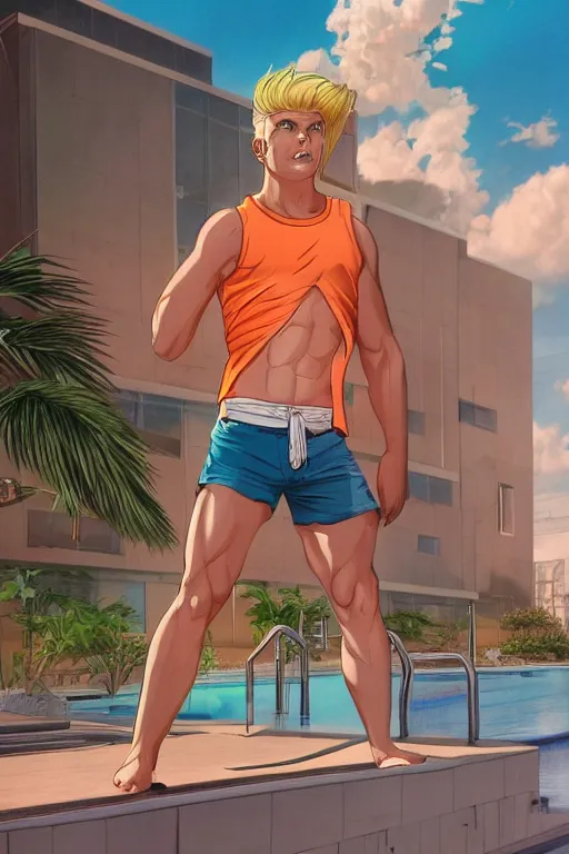 Prompt: a handsome man with blonde hair who is also a male android, ken, muscular, wearing a cut-off white tank top and short light orange shorts, stands by a swimming pool, facing forward, in the style of artgerm and moebius and annie liebovitz, photorealistic, highly detailed