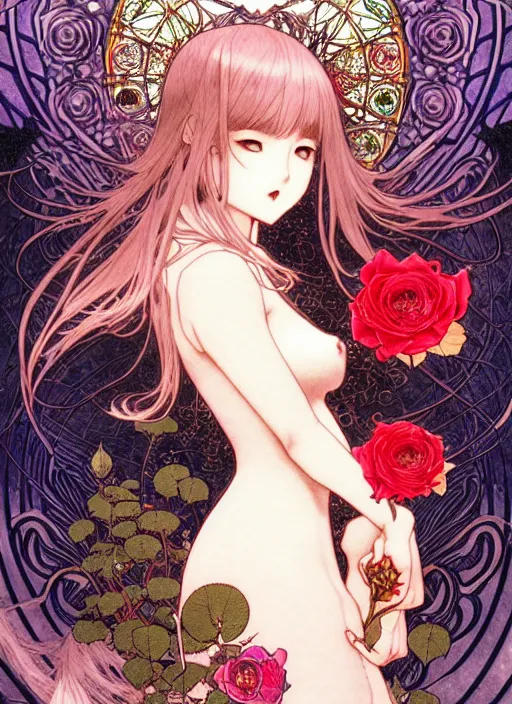 Image similar to exquisite imaginative manga poster art of a vampire girl, roses, pearlescent, shimmering, reflective, rim light, detailed background, by kojima ayami, akihiko yoshida, minaba hideo, alphonse mucha, art nouveau, illustration, artstation, concept art, highly detailed, colorful, maximalist