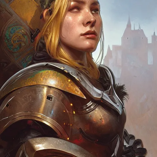 Image similar to portrait of a rugged female as a bruised knight with a shield and heavy chronos armor, fantasy, intricate, headshot, highly detailed, digital painting, artstation, concept art, sharp focus, cinematic lighting, illustration, art by artgerm and greg rutkowski, alphonse mucha, cgsociety