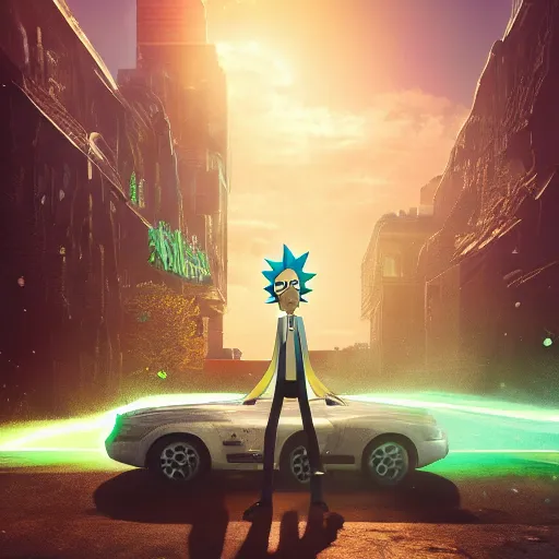 Image similar to full body pose, hyperrealistic photograph of rick sanchez from rick and morty, dim volumetric lighting, 8 k, octane beautifully detailed render, extremely hyper detailed, intricate, epic composition, cinematic lighting, masterpiece, trending on artstation, very very detailed, stunning, hdr, smooth, sharp focus, high resolution, award, winning photo, dslr, 5 0 mm