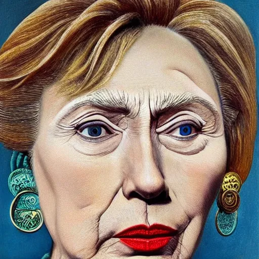 Prompt: beautiful surreal detailed portrait of hillary clinton wearing white earrings, painted by max ernst