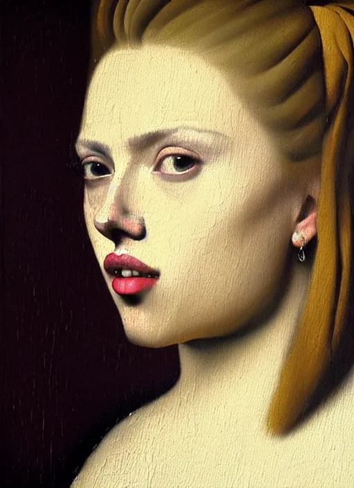 Image similar to portrait of scarlett johansson, oil painting by johannes vermeer, 1 7 th century, art, close up, oil on canvas, wet - on - wet technique, realistic, expressive emotions, intricate textures, illusionistic detail