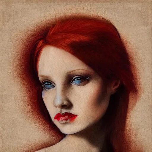 Image similar to portrait of a redhead woman by witkacy, mixed technique