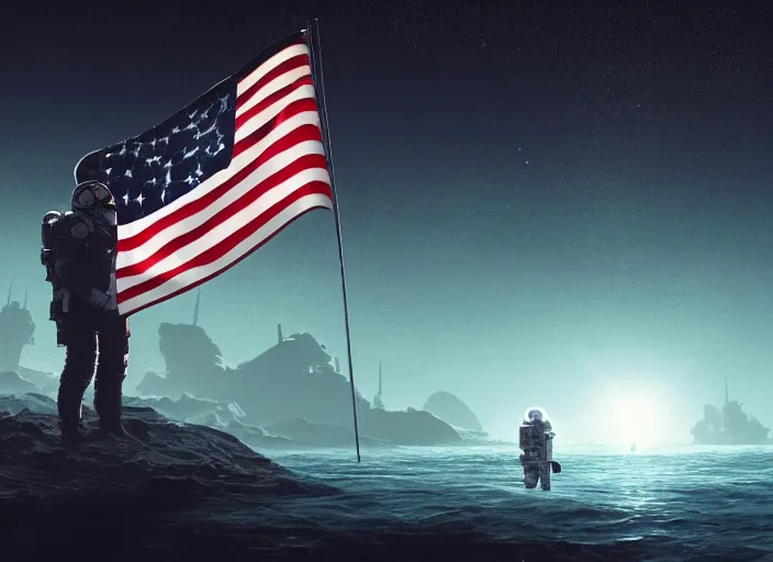 Image similar to astronaut holding a flag in an underwater desert. a submarine is visible in the distance. dark, concept art, cinematic, dramatic, atmospheric, 8 k, trending on artstation, blue, fish, low visibility, fog, ocean floor, christopher nolan, interstellar