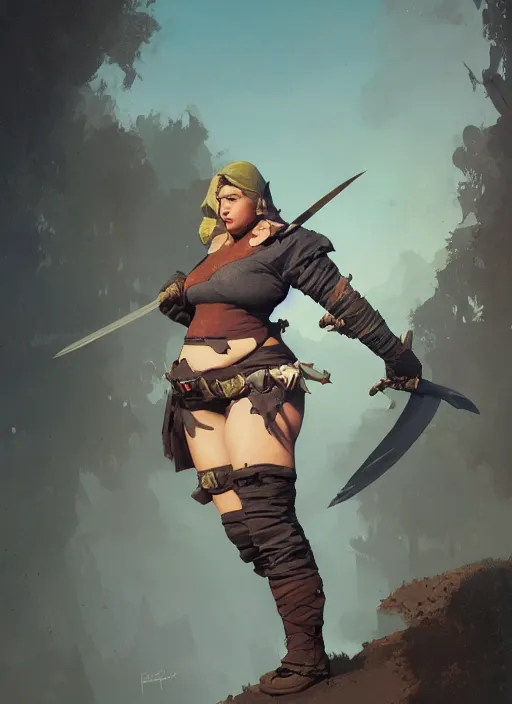 Prompt: hyper realistic photo of medieval chubby beautiful rogue hunter girl, full body, rule of thirds, conceptart, saturated colors, cinematic, greg rutkowski, brom, james gurney, mignola, craig mullins, artstation, cgsociety