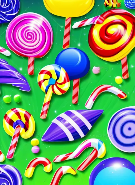 Image similar to candy planet cartoon poster with fantasy alien trees and sweets. magic unusual nature landscape for computer game, fairy tale cosmic background with beautiful strange plants