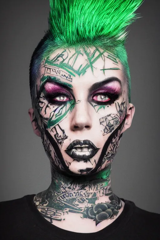 Image similar to upper body portrait punk woman with green mohawk, covered in goth style tattoos, wearing a bold tees shirt, fishnets and a long tartan skirt, intimidating, max details, hyperrealistic, photorealistic, ultra - realistic, ultra - detailed, cinematic, 8 k resolution by alan lee