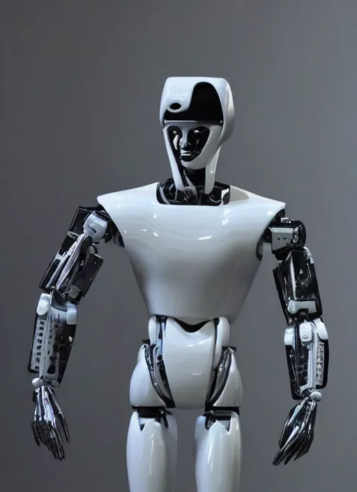 Prompt: 'futuristic blanco ceramic humanoid robot macho guapo with a handsome face and muscular body'