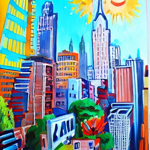 Prompt: sunny new york in the morning, painting, happiness