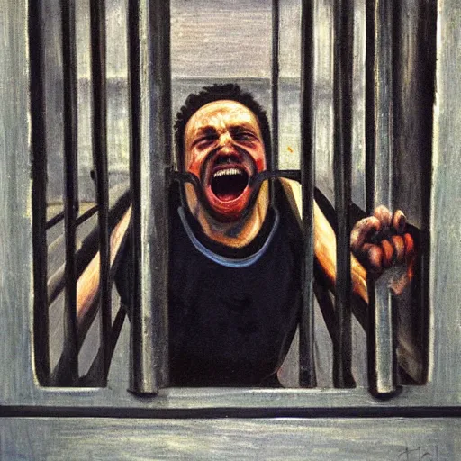 Image similar to a screaming prisoner holding prison bars, realism old painting, oil painting