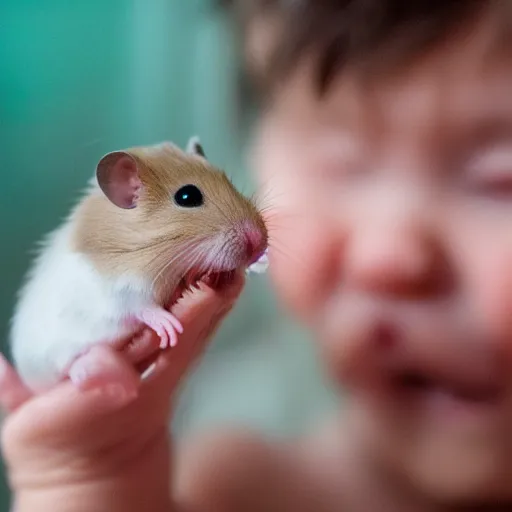 Image similar to a very tiny dwarf hamster eating a tiny screaming little child, realistic, depth of field, bokeh blur, studio lighting, detailed, 4 k ultra hd