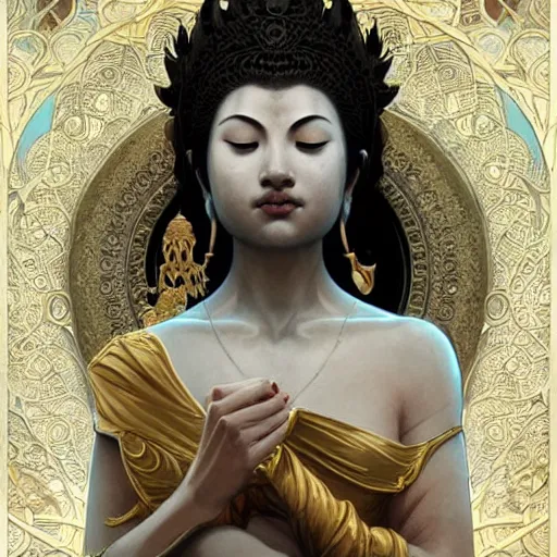 Image similar to Buddah, D&D, intricate, elegant, highly detailed, digital painting, artstation, concept art, matte, sharp focus, illustration, art by Artgerm and Greg Rutkowski and Alphonse Mucha]