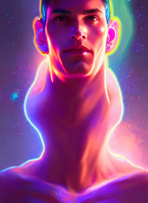 Image similar to a male faceless glowing liquefied stardust adventurer, dnd fantasy character, full body portrait, glowing neon skin, magical aura, ultra realistic, intricate, elegant, highly detailed, digital painting, artstation, smooth, sharp, focus, illustration, art by artgerm and greg rutkowski and alphonse mucha