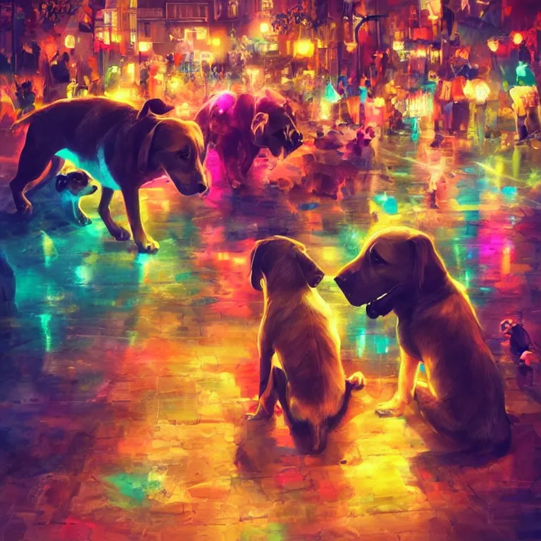 Image similar to two dogs, watching a pop concert, bright colorful lights, crowded, excited atmosphere, digital art, concept art, trending on artstation, cinematic lighting