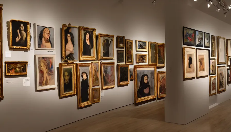 Image similar to a gallery full of portrait paintings of seductive women, walls full of art, museum