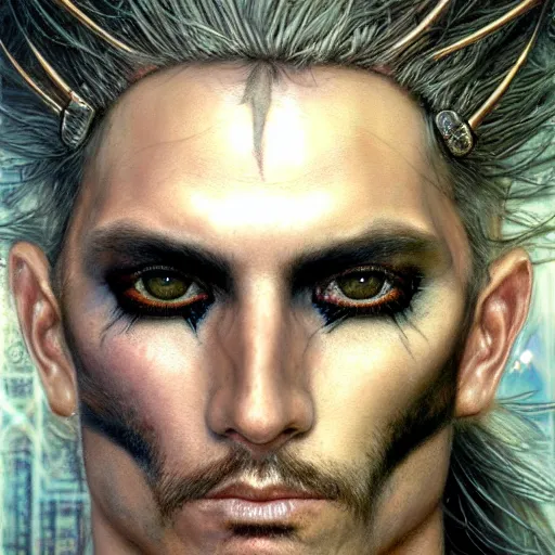 Image similar to an award finning closeup facial portrait by luis royo and john howe of a bohemian male cyberpunk traveller clothed in excessively fashionable 8 0 s haute couture fashion and wearing ornate art nouveau body paint