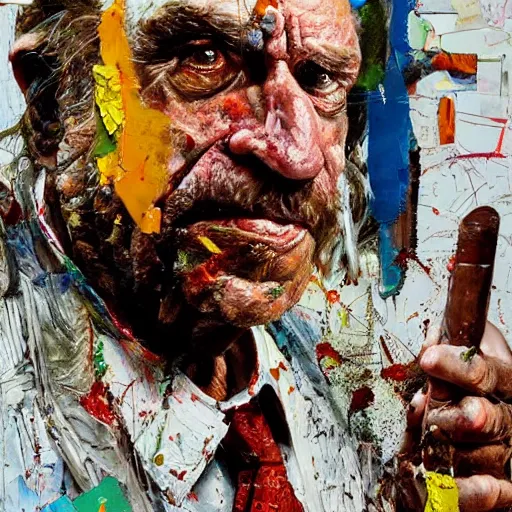 Image similar to hyperrealistic, photorealistic, mixed media oil painting of charles bukowski, magazine scraps, plaster, blood, oil, mustard, cigarettes, splatter, trending on artstation, award - winning painting, greg rutkowski, basquiat, ralph steadman, terry gilliam