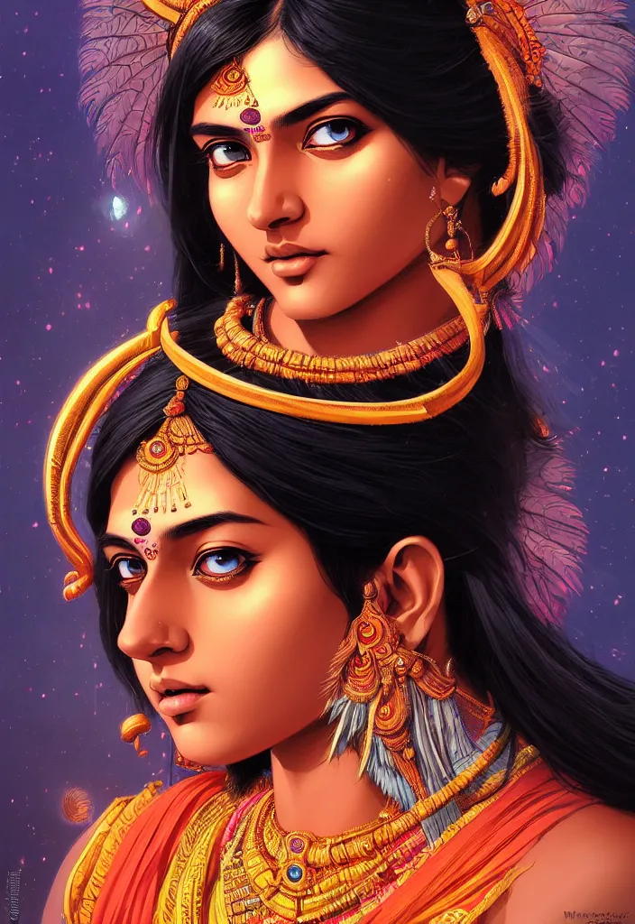 Image similar to a comic portrait of an indian goddess, realistic shaded perfect face, fine details. cosmic setting. anime style. realistic shaded lighting poster by ilya kuvshinov katsuhiro, magali villeneuve, artgerm, jeremy lipkin and michael garmash, rob rey and kentaro miura style, trending on art station